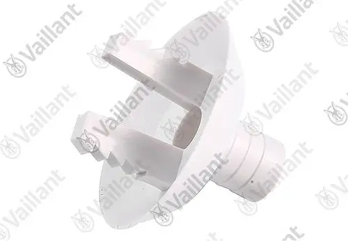 Weißes Vaillant-Produkt mit einem runden Ende und zwei vertikalen Einkerbungen, das möglicherweise Teil eines Rohrsystems ist.